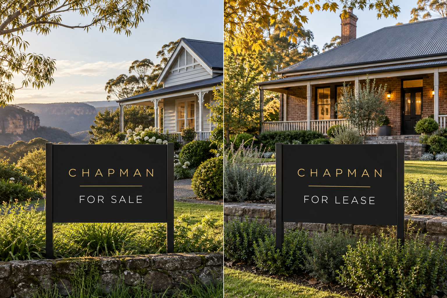 Black and gold Chapman For Sale sign outside a home