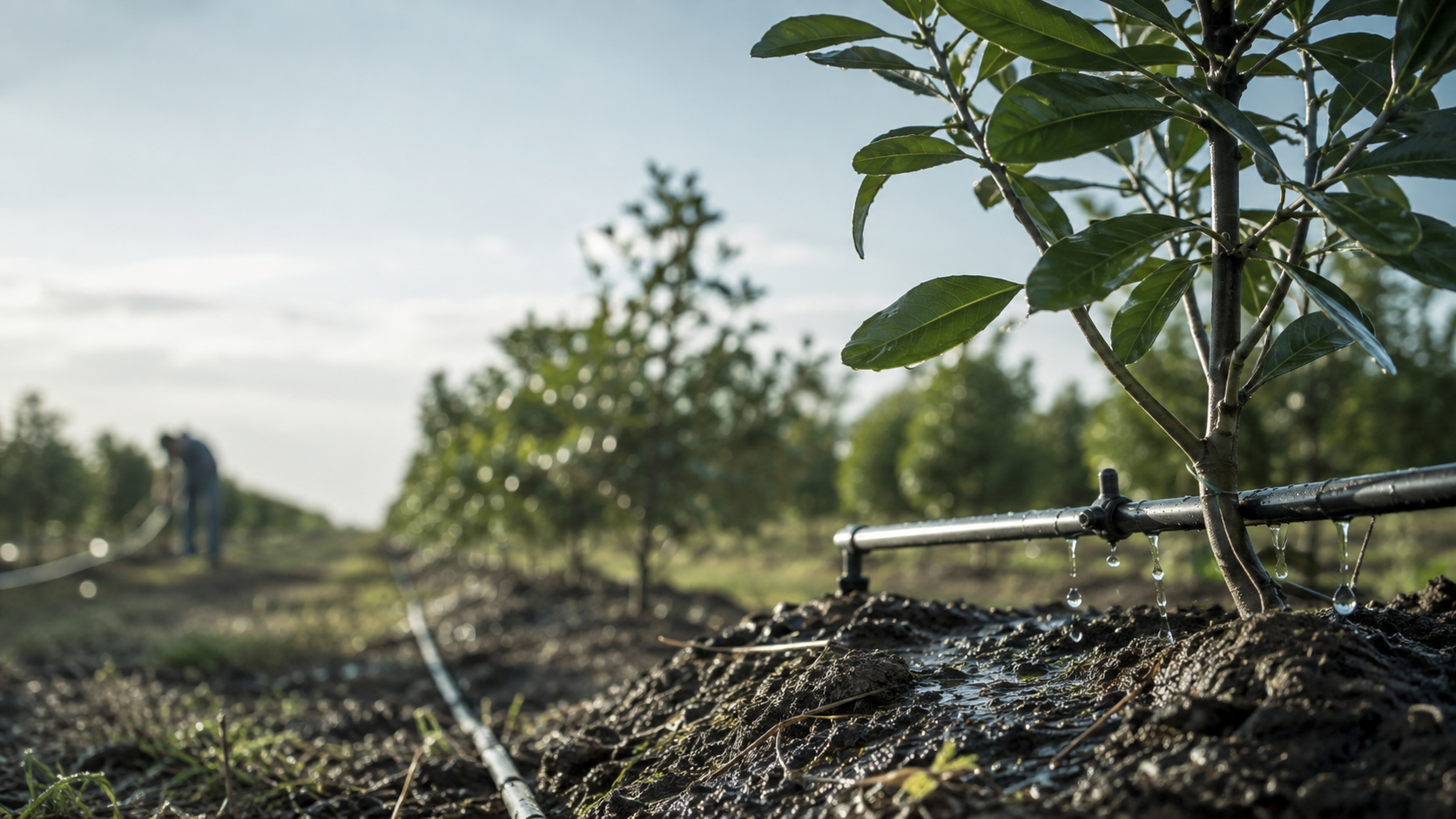 Sunlight across orchard rows with irrigation pipework