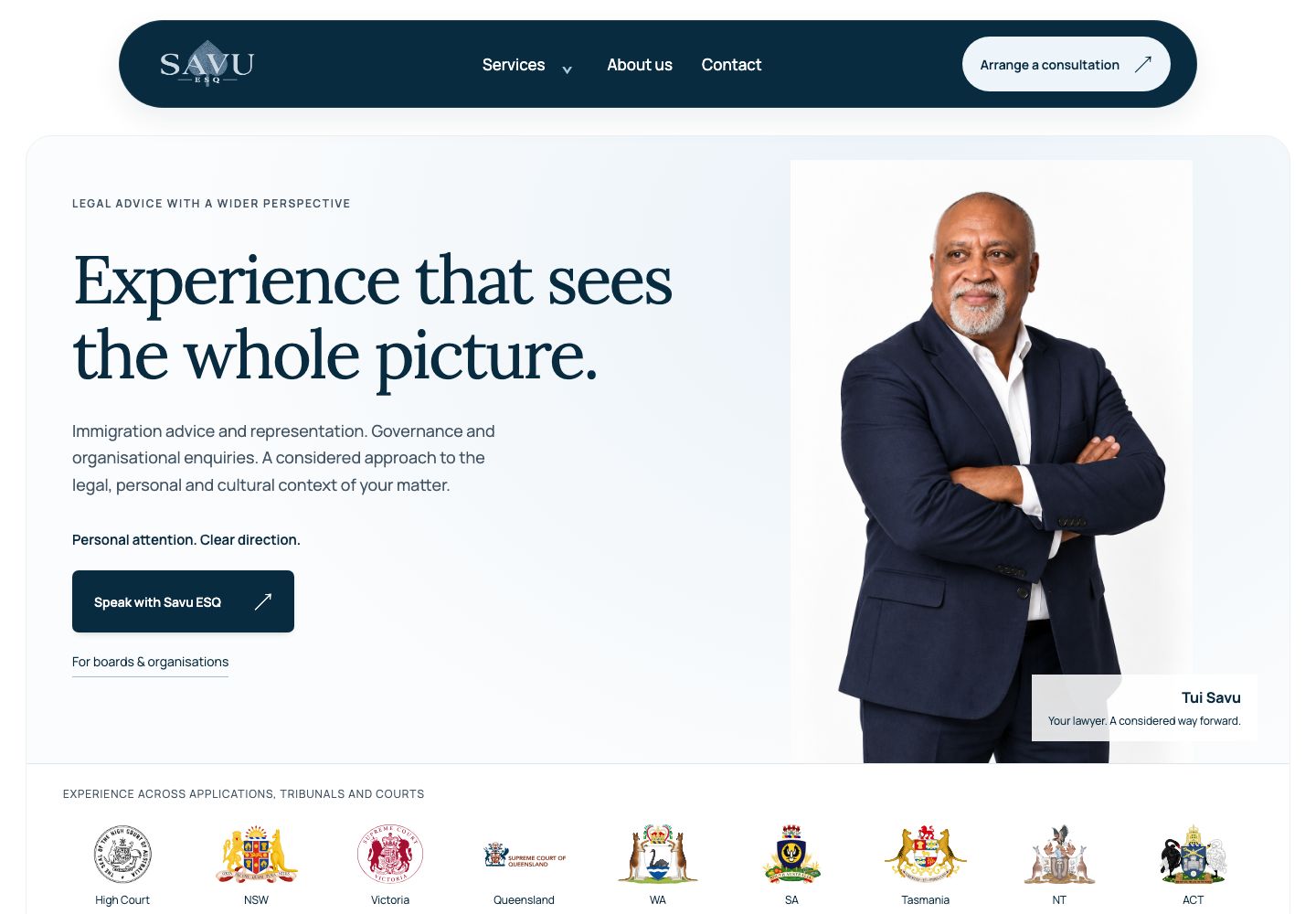 Savu Esquire website: navy navigation, service introduction and Tui Savu portrait